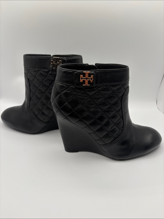 Tory Burch Shoes - Tory Burch Black Quilted Leather Wedge Booties with Gold Logo